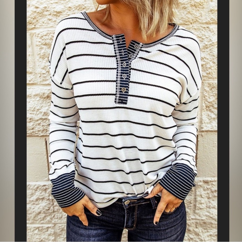 #25 Henley White & Navy Waffle Weave L.S. Top - Picture 3 of 12